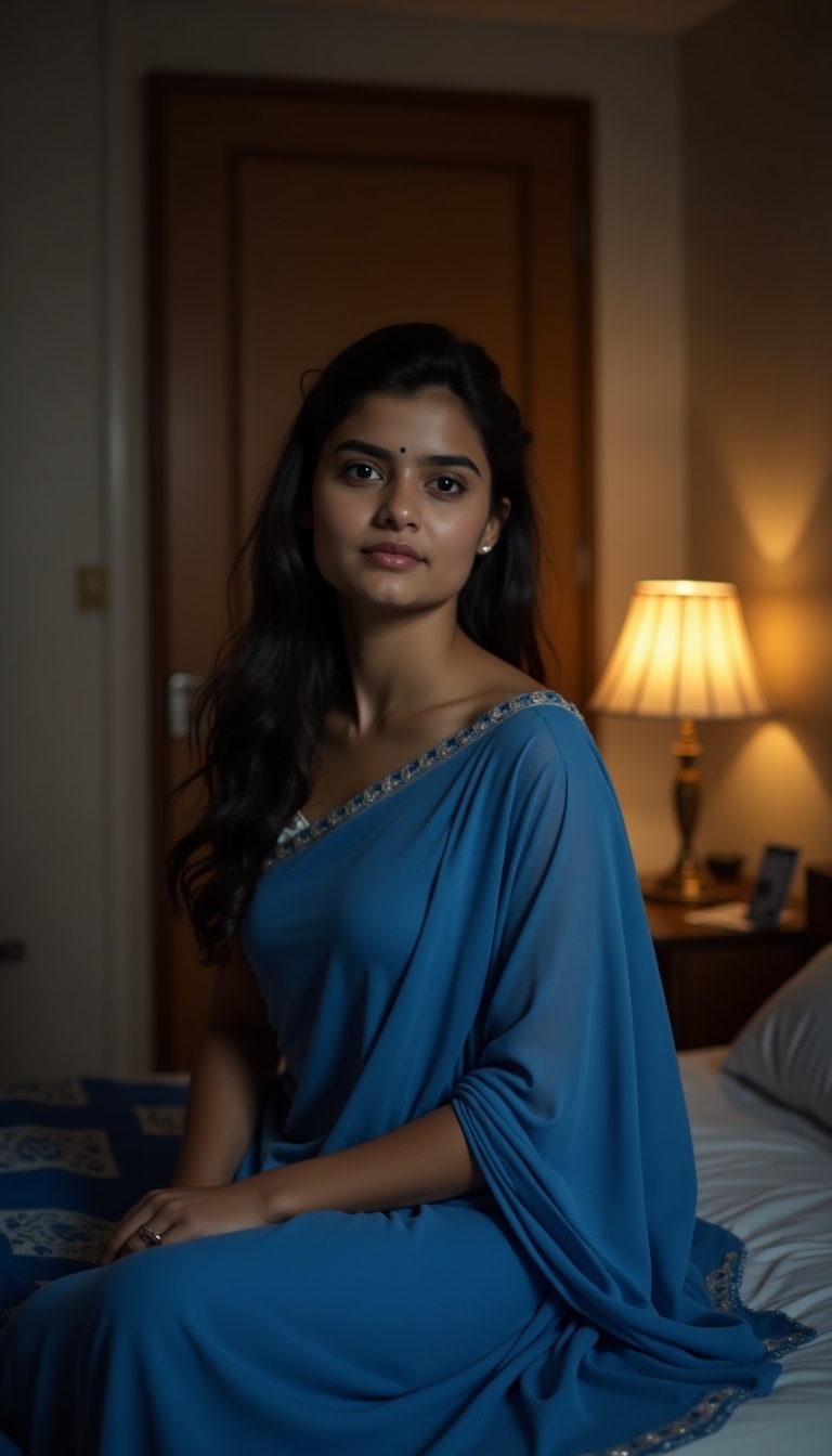 A beautiful and gorgeous 21-year-old girl from Mumbai is lounging in her bedroom, wearing a blue saree. The soft, warm light from the bedside lamp creates an inviting atmosphere. She has fair skin and appears without makeup, having just woken up. Her hair is styled elegantly, framing her face as she looks serene and calm. This portrait captures a moment of natural beauty and cultural elegance, highlighting the comfort of her surroundings.