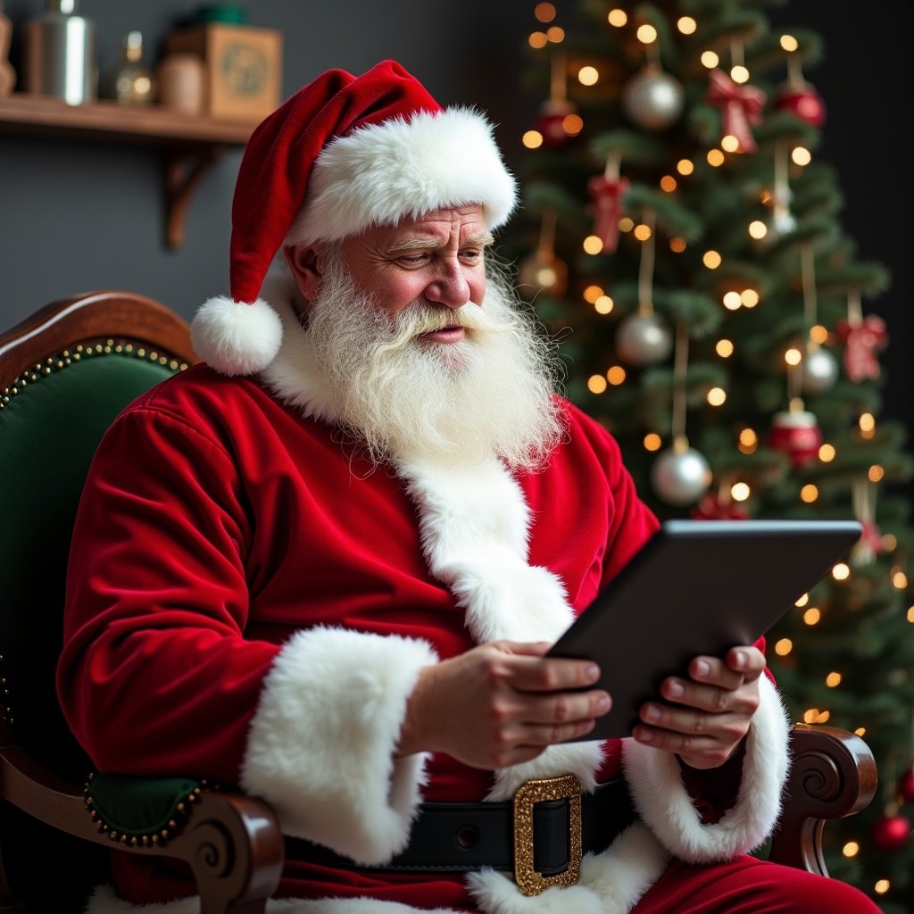 Santa Claus in festive attire holds a tablet. Cozy indoor setting with Christmas tree. The spirit of holiday shopping. Technology meets tradition.