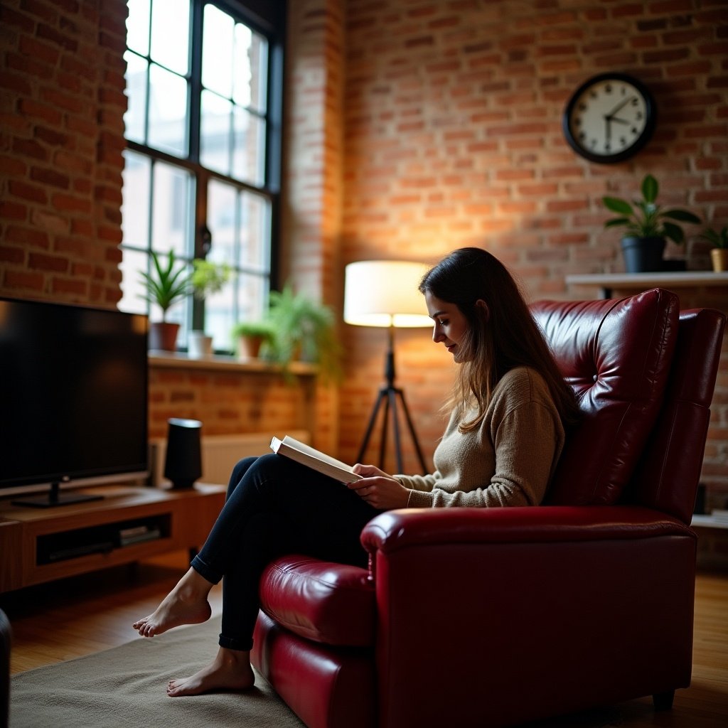 A young woman reads a book in a spacious loft with exposed brick walls and tall windows. She sits in an oversized red leather armchair. A lamp next to her provides warm light. The room features modern minimalist decor, including a clock and potted plants.