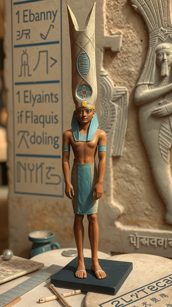 A detailed Egyptian figurine stands in front of hieroglyphic writings, surrounded by modern drawing tools, reflecting a blend of ancient and contemporary elements.