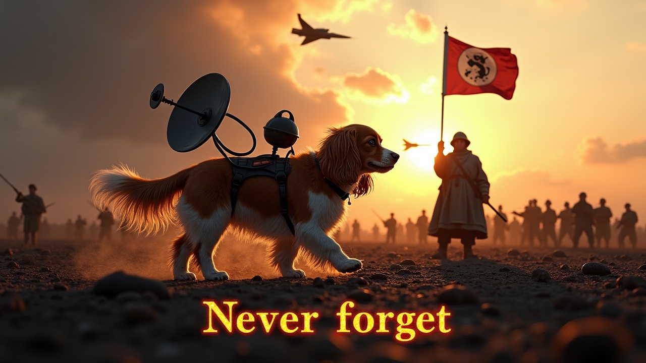 In a dramatic and awe-inspiring scene, a fluffy brown and white cavalier king charles spaniel walks across a dark, desolate battlefield. It has a radar dish strapped to its back. Nearby, a figure in a cloak stands valiantly, holding a flag with a dog emblem. In the background, many small soldiers with rifles and tanks are barely visible in the shadows. The sky is illuminated by the bright radiance of the sun. A jet fighter flies overhead. At the bottom, in fiery writing, is the text 'Never forget'.