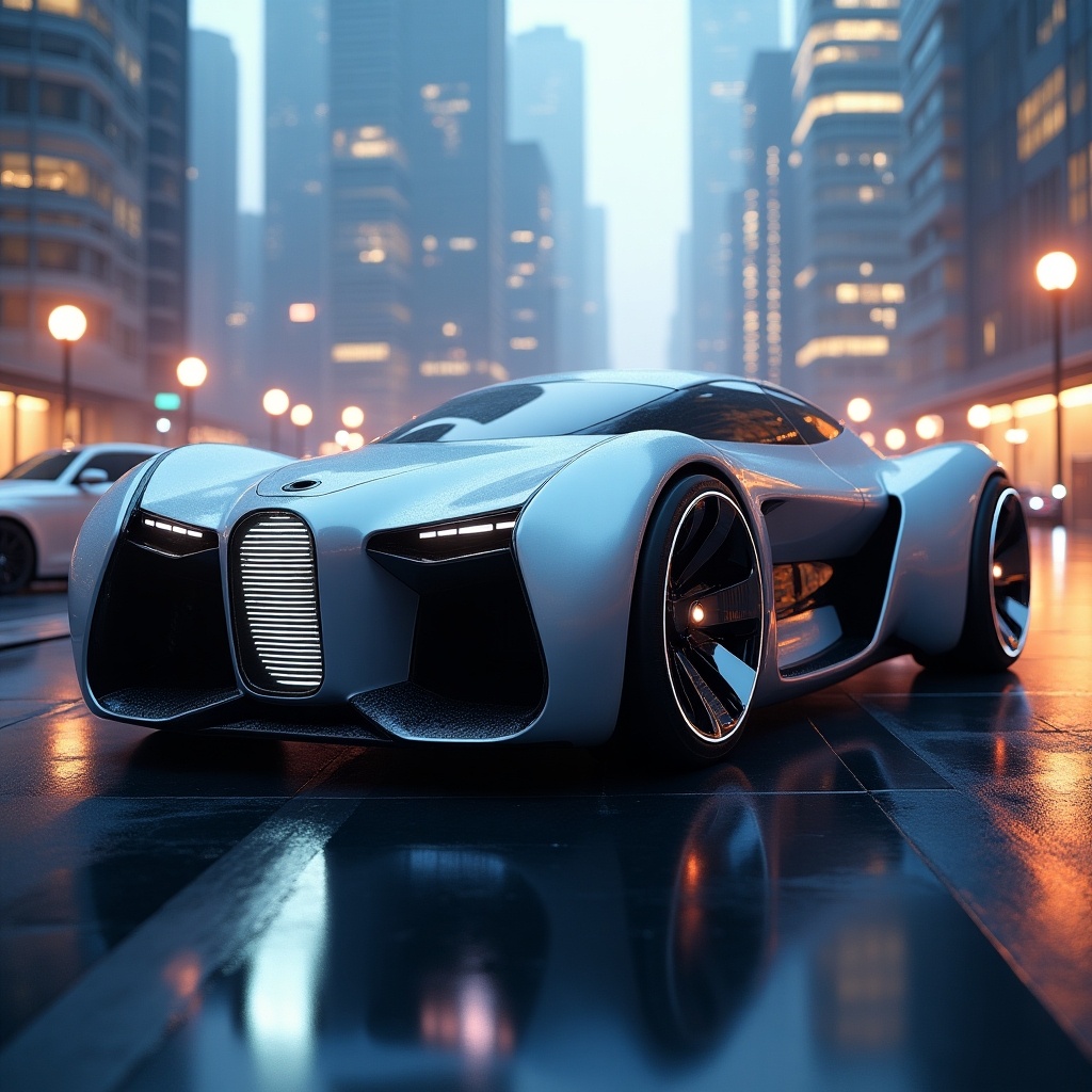 This image features a futuristic concept car characterized by its sleek and aerodynamic design. The vehicle boasts smooth curves and an advanced aesthetic, showcasing a blend of science fiction and modern technology. It is set against a backdrop of a misty cityscape, with towering buildings and soft ambient street lighting that create a sophisticated urban atmosphere. The car's unique style, including its futuristic headlights and bold contours, captures the essence of innovation in automotive design. The overall scene conveys a sense of progress and futuristic vision in transportation.