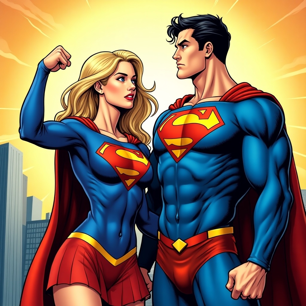 Supergirl flexes muscles beside Superman. Both are in superhero costumes. They show pride and strength. A bright, sunny background enhances focus on characters.