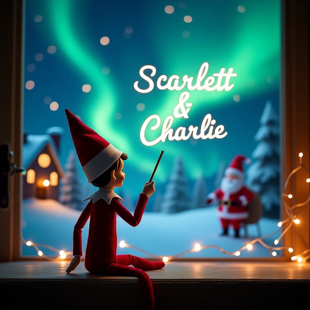 Elf on the shelf sitting with back towards the viewer. Elf using a magic wand to write names in the sky. Background features northern lights and Santa Claus with a snowy landscape.