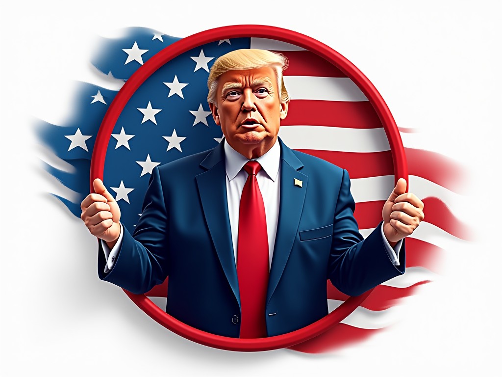 This digital illustration depicts a figure in a blue suit and red tie standing in front of a stylized American flag. The person seems to be holding onto a red ring that frames the image, creating a sense of strength and focus. The artwork is rich in symbolic elements associated with patriotism and leadership, using bold colors and a dynamic composition to convey these themes.