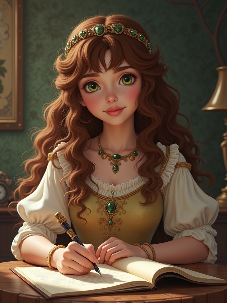 A fair-skinned princess with curly brown hair writes a letter. She wears a beautiful dress with green gems. The setting is fantasy-themed with a warm atmosphere.