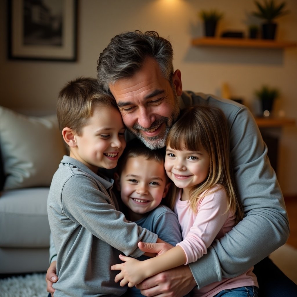 A father embraces his children in a cozy living room setting. The scene portrays warmth and affection among family.