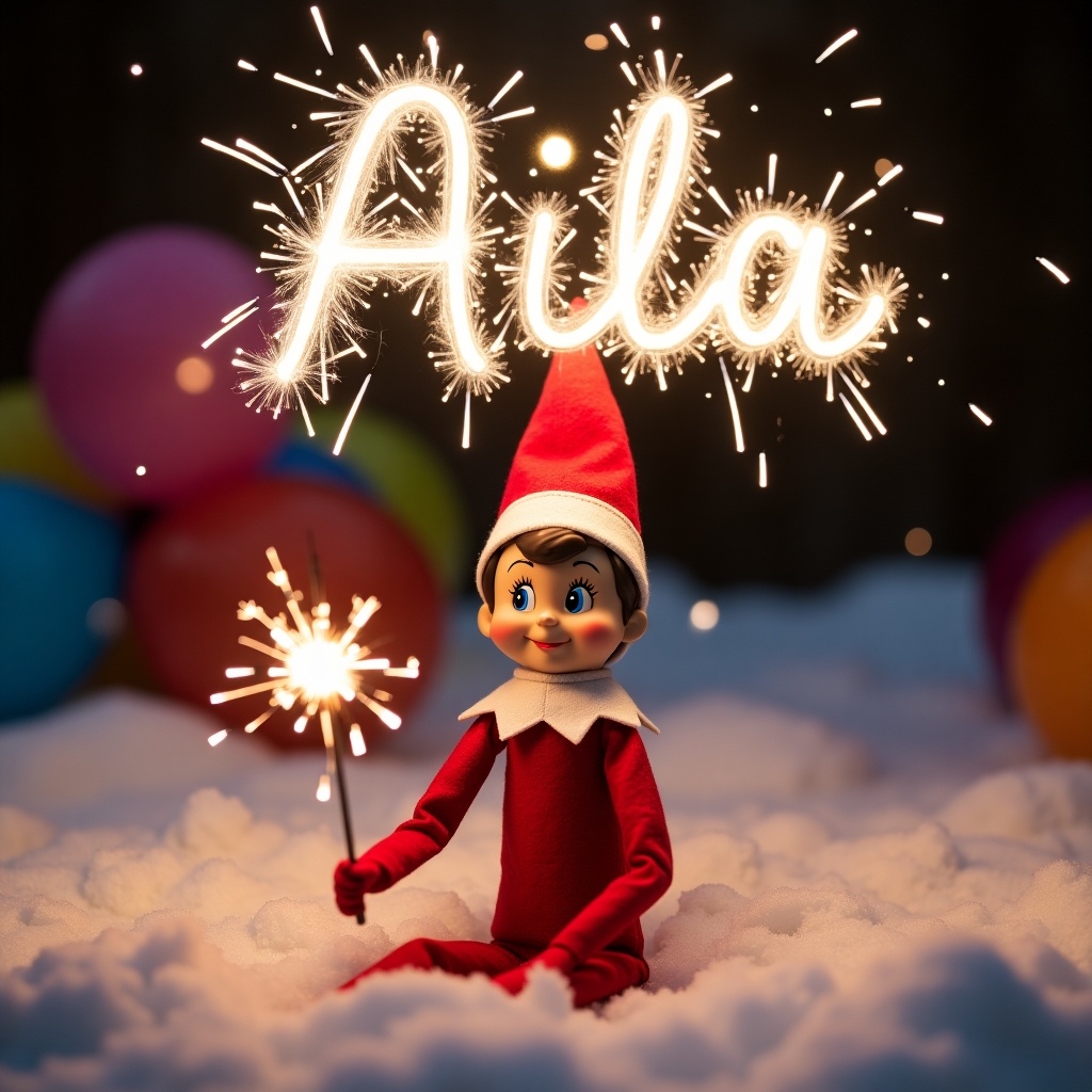 This image showcases an Elf on the Shelf named Summer, joyfully holding a lit sparkler with the name 'Aila' formed above in sparkling letters. Surrounding him are colorful balloons and fluffy white snow, creating a magical winter setting. The elf is dressed in a vibrant red outfit and pointy hat, radiating festive cheer. The scene captures the enchanting spirit of the holiday season, perfect for spreading joy and celebration. Overall, it's a delightful representation of Christmas magic and warmth.