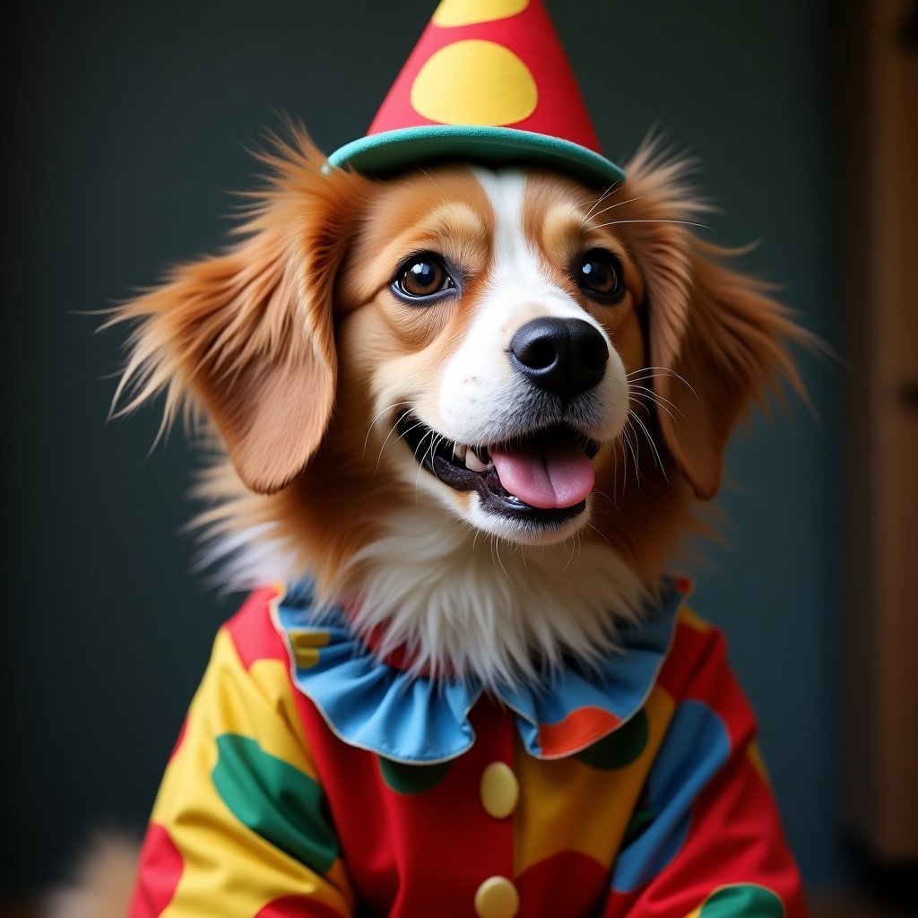 A dog dressed in a clown costume. The dog has a big smile. The costume is colorful with polka dots and a ruffled collar. A small clown hat is on the dog's head. Background is simple and soft-focused.