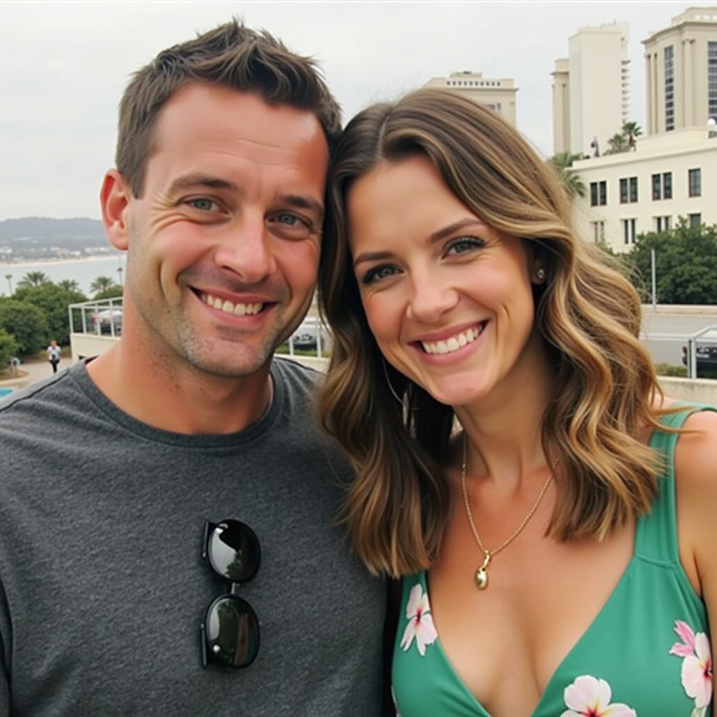 Couple in an outdoor setting. One person wearing sunglasses. Natural landscape in the background with a warm atmosphere. Both individuals appear happy and relaxed together.