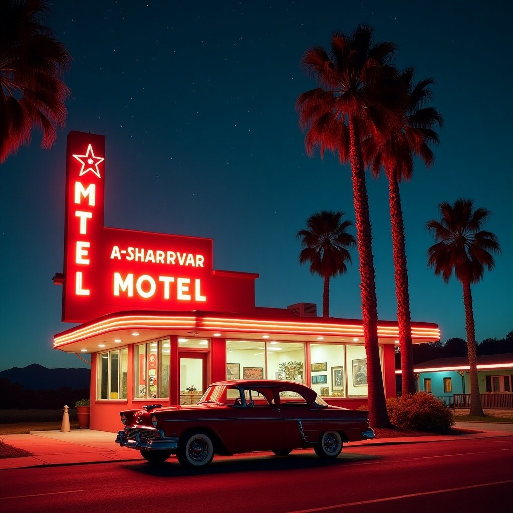 Classic motel A-Shahrivar illuminated by neon lights at night with a red vintage car parked outside. Tall palm trees in the background. Starry sky overhead. Vibrant colors create a nostalgic atmosphere of adventure on the road.