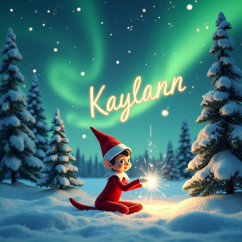 An enchanting winter scene with a playful elf sitting in the snow. The elf writes the name 'Kaylann' in the sky with magical light. Northern lights paint the sky in vibrant greens. Snow-covered pine trees surround the elf, capturing the magic of Christmas and childhood imagination.