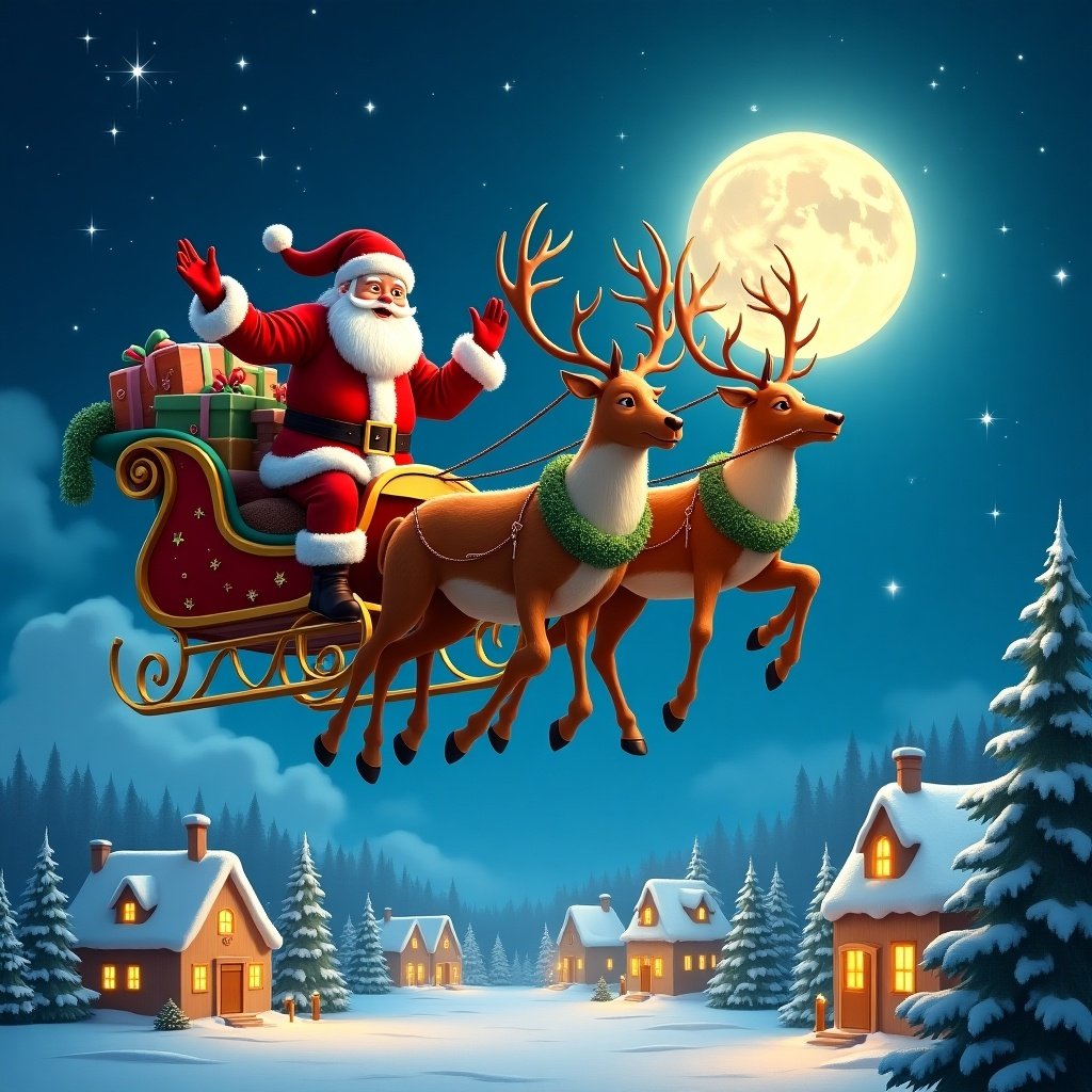 Santa flies on his sleigh with reindeer. Night scene with a full moon. Snow-covered houses in the background. Festive mood with gifts on the sleigh.