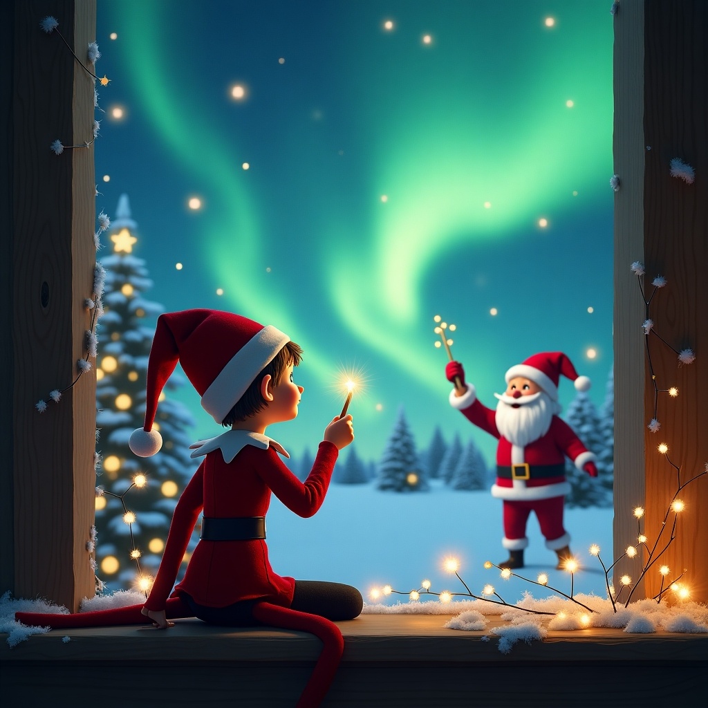 The image depicts an elf on the shelf with his back turned, gazing up at the night sky filled with swirling northern lights. The elf is using a glowing wand to magically write 'We are on our way Ella and Ava' in the sky. In the background, Santa can be seen joyfully interacting with the elf. The scene is set within a cozy wooden window frame, adding a warm and festive atmosphere. Christmas trees adorned with lights are visible in the snow-covered landscape outside, enhancing the magical feel of the moment.