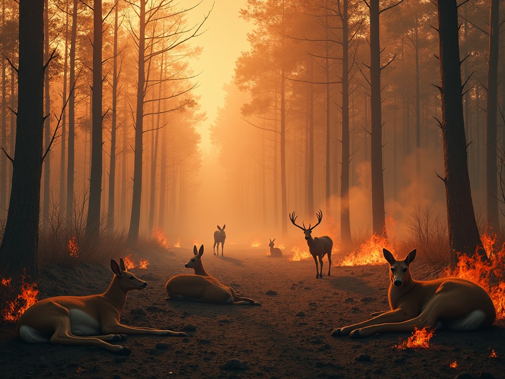 Deer in a forest with surrounding flames, during golden hour, evokes surreal calm amidst chaos.