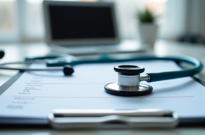 A stethoscope rests on a document in front of a laptop on a medical office desk.