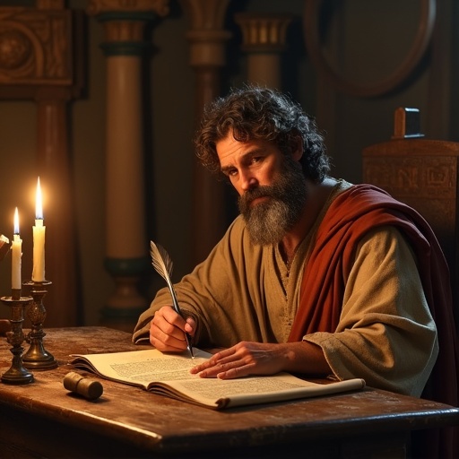 Photo realistic image captures Paul the Apostle deep in thought writing an epistle by candlelight in a historical setting. Wooden table and scrolls are present.