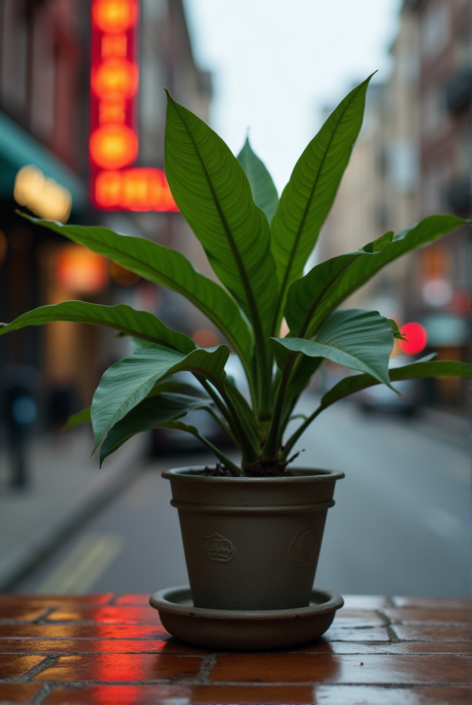 A vibrant green potted plant is set against a blurred urban street background with glowing neon signs.