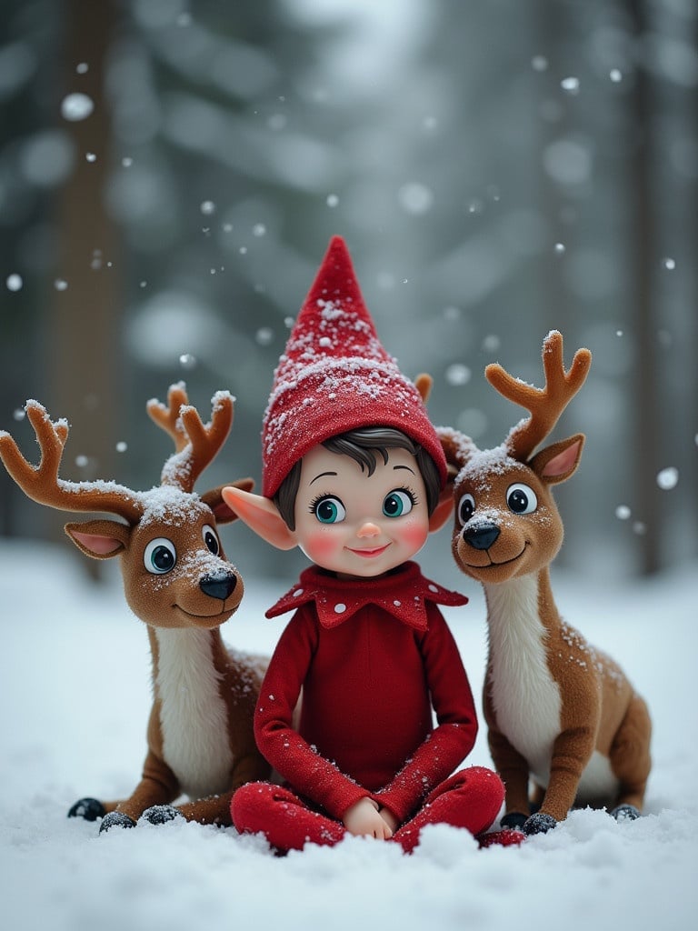 Elf figure dressed in red sits with two reindeer in snowy forest. Soft snow falls creating whimsical winter scene. Elf has a cheerful expression. Reindeer appear realistic.