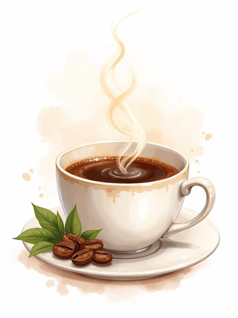 Illustration of a steaming cup of coffee on a saucer. Coffee beans next to the cup. Coffee has a rich dark color with steam rising. Background is white highlighting the coffee. Watercolor style used in the illustration.