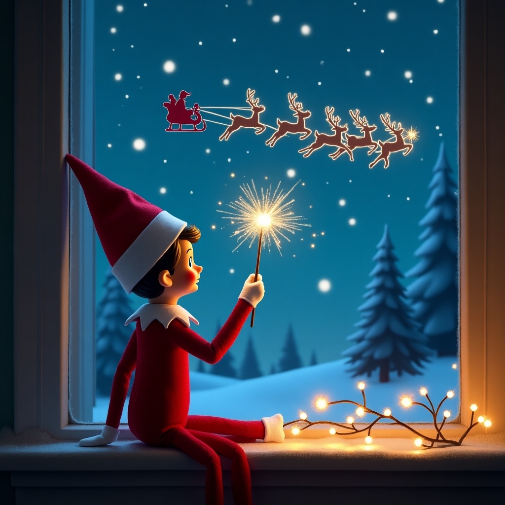 An enchanting scene featuring an Elf on the Shelf sitting by a window, facing away from the viewer. The elf is joyfully using a wand to create sparkles in the night sky, where the names Aryah, Boston, and Levii are being written. In the background, Santa’s silhouette can be seen in a sleigh, flying with his reindeer across a snowy landscape. The warm glow from the window adds a magical touch to the winter night. Pine trees and a starry sky complete the festive atmosphere.