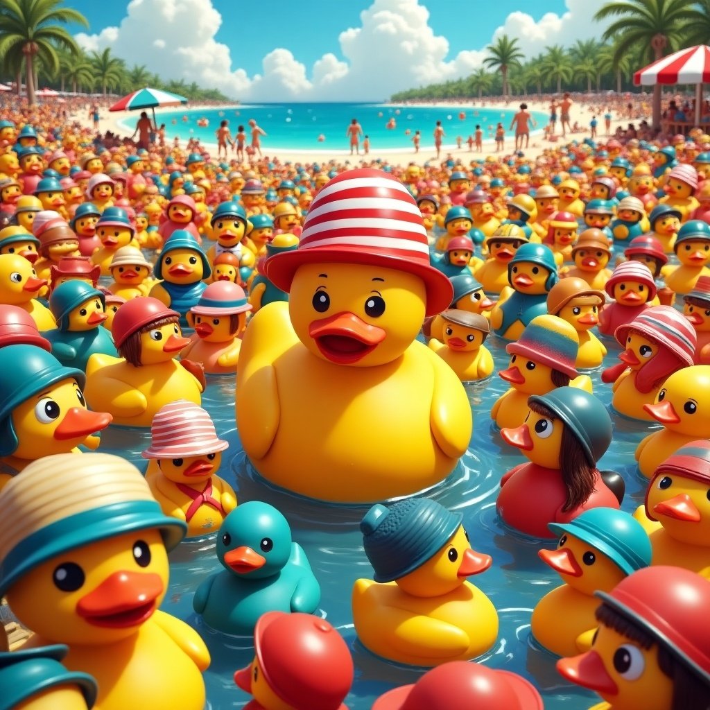 A playful illustration of a busy beach filled with rubber ducks of various sizes and colors. A giant rubber duck serves as the focal point. The scene is cheerful and colorful, evoking a sense of fun and summer leisure.