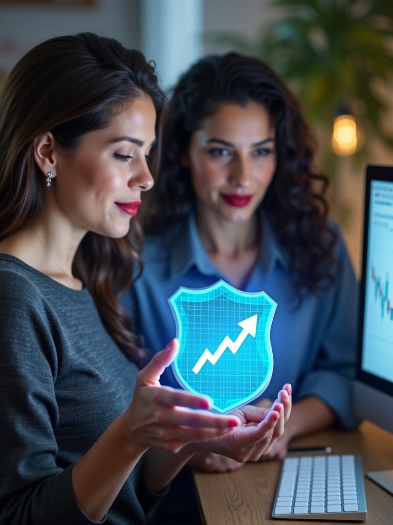 Two women analyze financial data on a computer screen. They highlight a growth trend while holding a digital shield that represents security. Both women wear red lipstick and have a professional demeanor. The scene emphasizes technology and financial stability.