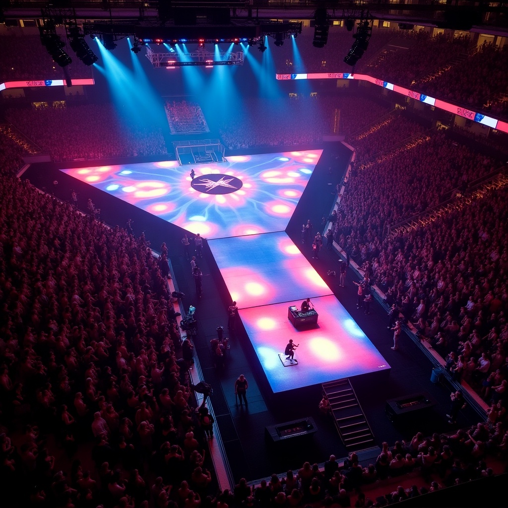 Roddy Rich concert stage viewed from above. T-shaped runway design. Big crowd in attendance. Colorful lights illuminating the stage.