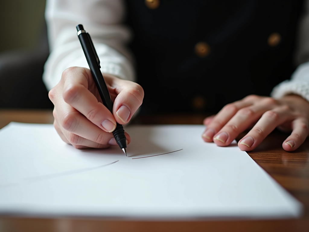 A person is holding a black pen and writing on white paper at a wooden desk.