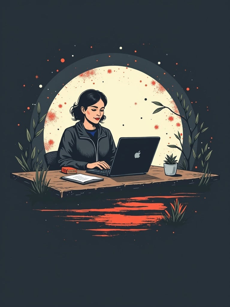 A logo-style image representing the concept of workspace A person sitting at a desk using a laptop Surrounded by plants and a note pad Abstract background with red splashes