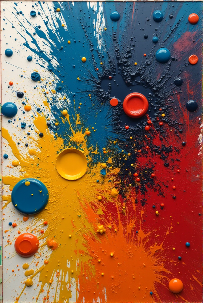 Colorful splashes and blobs of blue, yellow, and orange paint burst across the canvas.