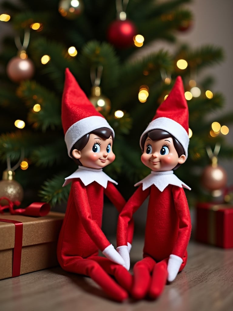 Elf on a shelf boy and girl sitting together next to a Christmas tree. The elves have short hair and are in festive attire.