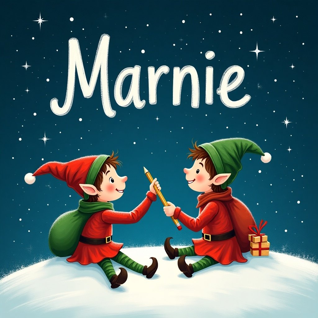 Elves sit on snowy hill under starry night. They write names in the sky. Dressed in red and green. Large sack of gifts on their back. Name 'Marnie' in whimsical font.