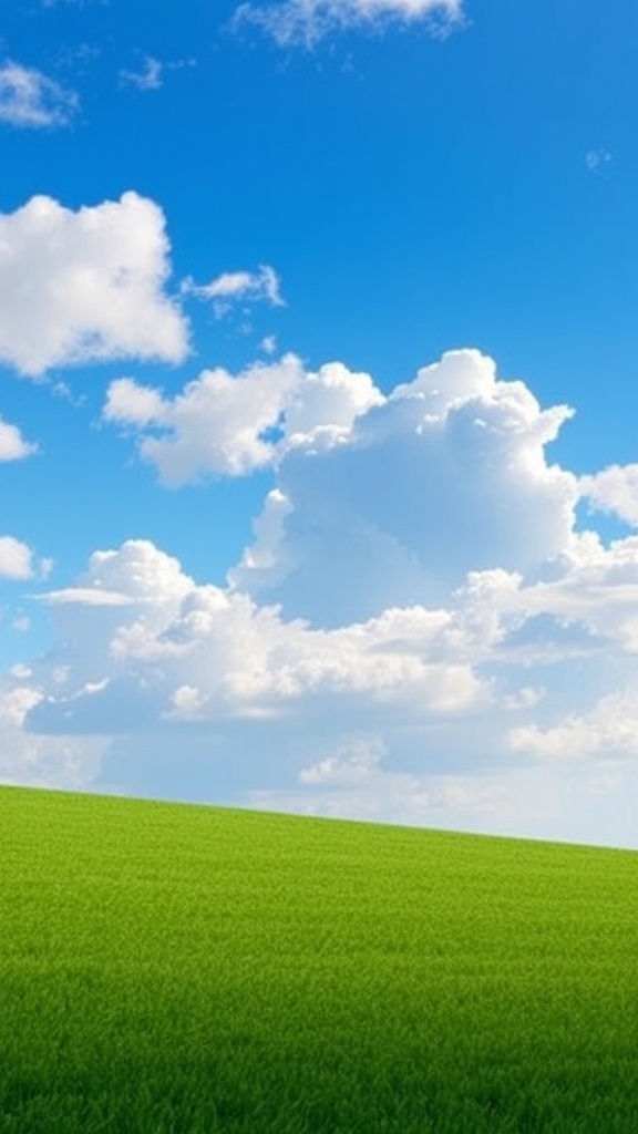 A green field under a bright blue sky with scattered white clouds.