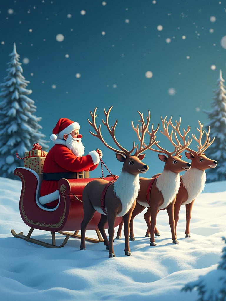 Santa Claus sitting in a sleigh pulled by reindeer. Snowy background with evergreen trees and falling snowflakes. Magical winter scene.