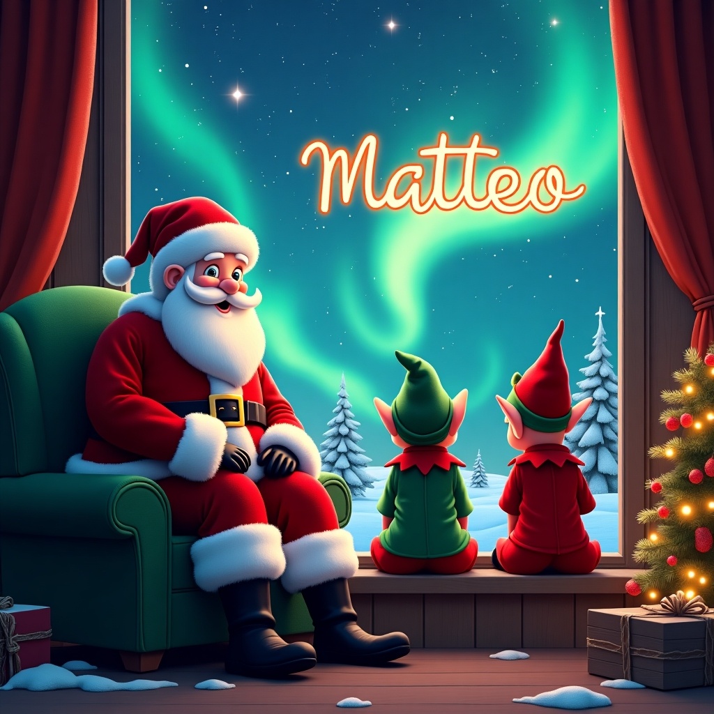 In this festive scene, Santa Claus sits comfortably in a plush green chair by a window, watching the colorful northern lights dancing in the sky. Two cheerful elves, dressed in red and green, sit beside him, gazing out at the enchanting view. One of the elves is using a magical light to write the name 'Matteo' in the air, adding a whimsical touch to the moment. The surrounding decor includes a beautifully lit Christmas tree and snowy pine trees visible through the window, enhancing the holiday spirit. This image captures the joy and magic of Christmas, perfect for festive celebrations.