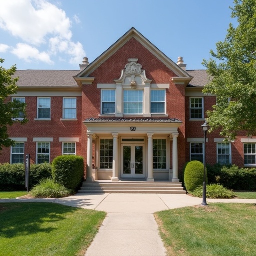 Image of a high school for girls. The building has a classic design with red brick walls and manicured landscaping. It features columns and large windows. Clear blue sky in the background.