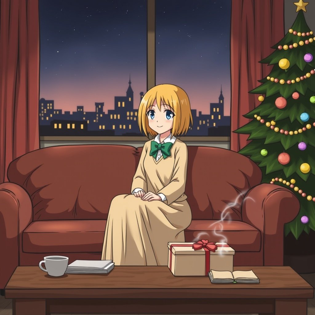 Character sitting on a couch in a cozy living room with a Christmas tree. Table has a gift and a steaming cup. Evening atmosphere with city lights outside. Character wears a long skirt and long sleeves. Overall warm and inviting vibe.