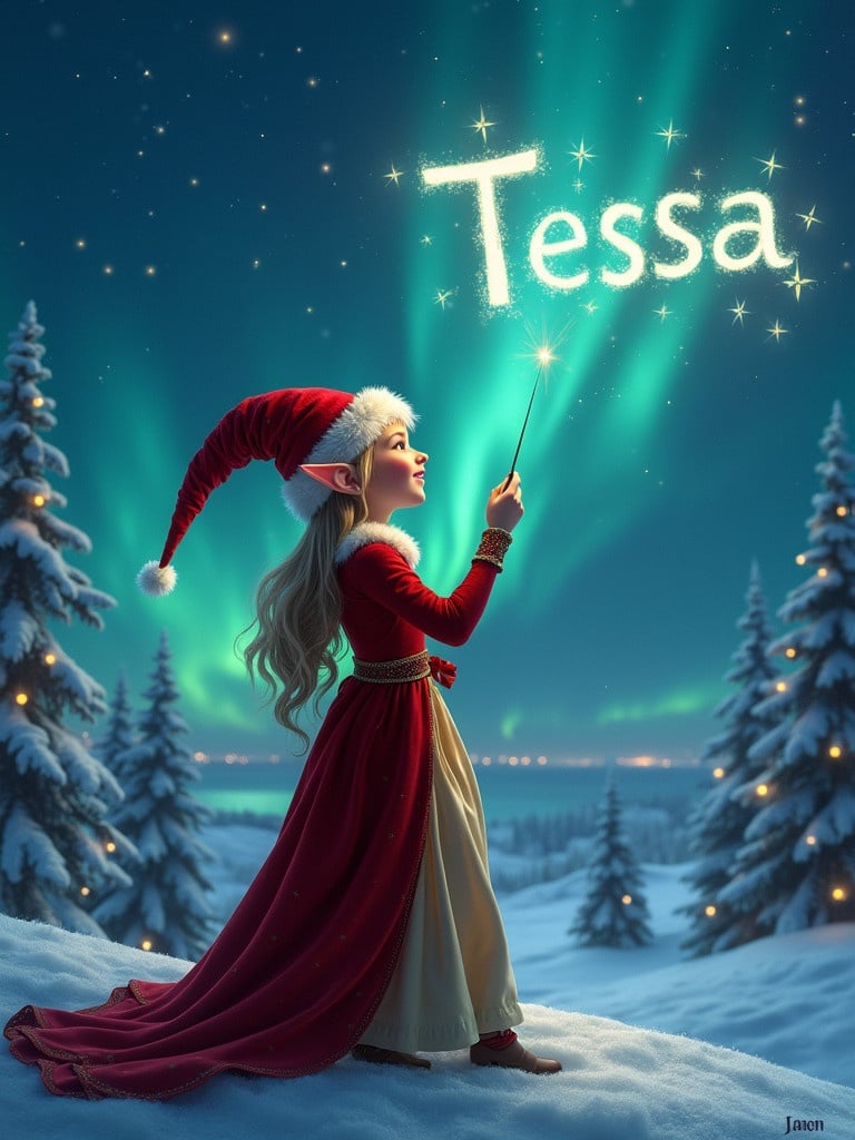 Elf character facing mystical sky. Wand writes name in glowing letters. Background shows northern lights and festive elements. Name written is Tessa.