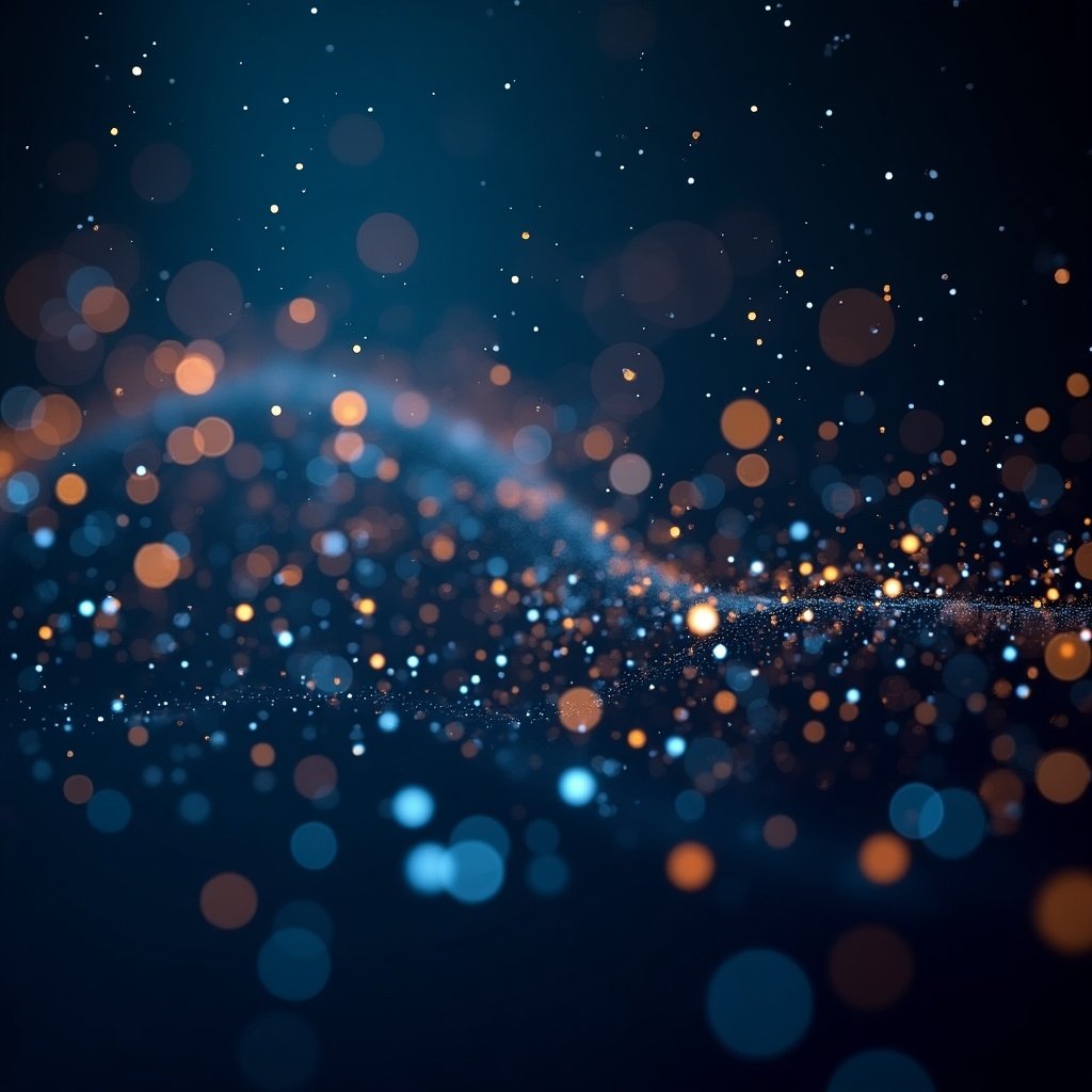 Abstract Christmas background features shimmering particles in futuristic style. Combines dark blue and orange hues. Suitable for data analysts.