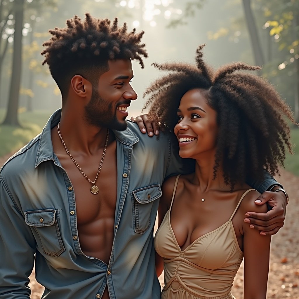 Couple in a park enjoying a moment together. Natural environment creates a serene atmosphere. The image captures intimacy and connection between two people.