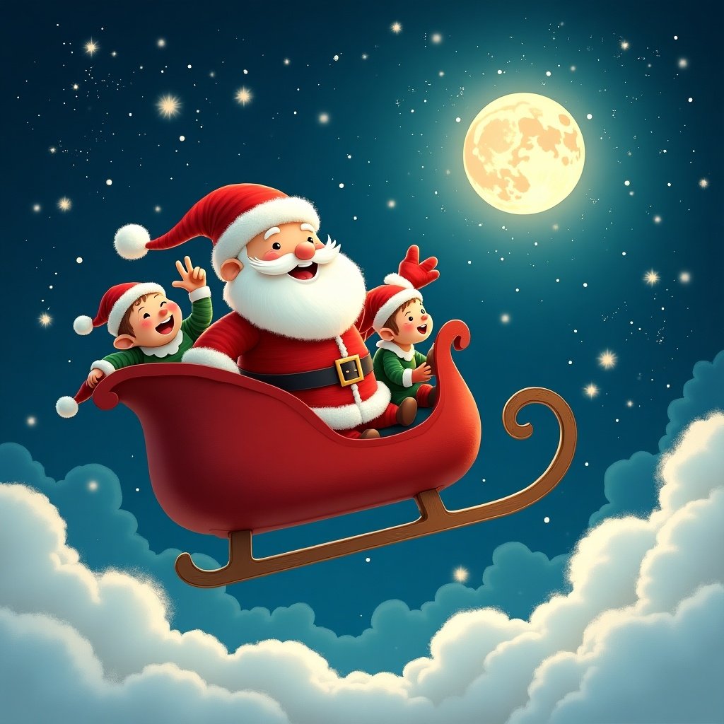 Whimsical scene featuring Santa Claus with two elves joyfully sitting in a red sleigh flying through a bright night sky. Fluffy clouds surround the sleigh with a shining moon overhead. The text 'Pixi-skye' is displayed above.