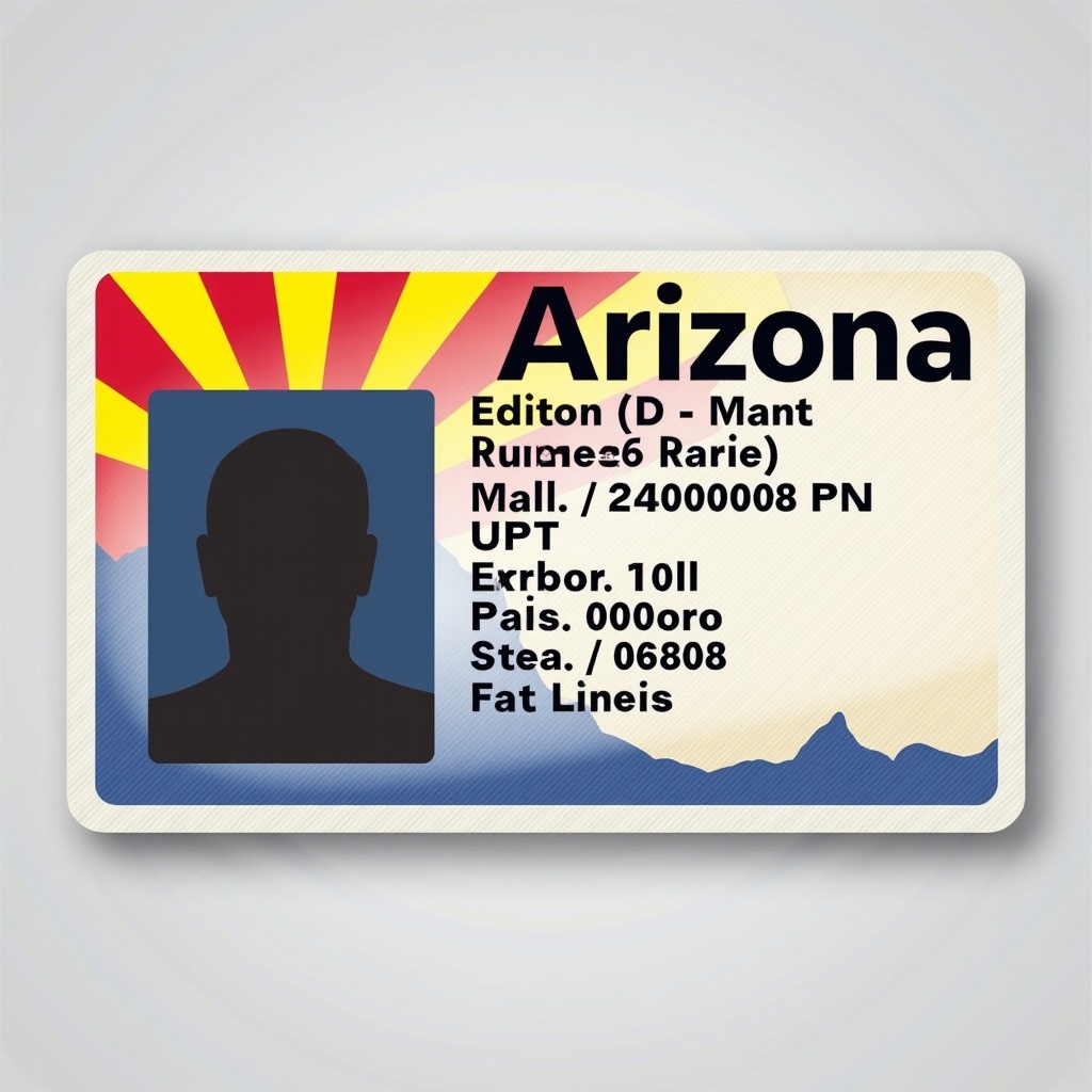 This is a graphic illustration of a state identification card for Arizona. The card features a vibrant sunset background with red and yellow rays, symbolizing warmth and the state's sun-drenched landscape. The main focal point is a black silhouette representing a person, which signifies anonymity. Below the silhouette, various fictional details like name, mall, and expiry dates are printed, showcasing a typical layout for ID cards. The card has a clear indication of its purpose as an identification document, emphasizing security and identity verification.