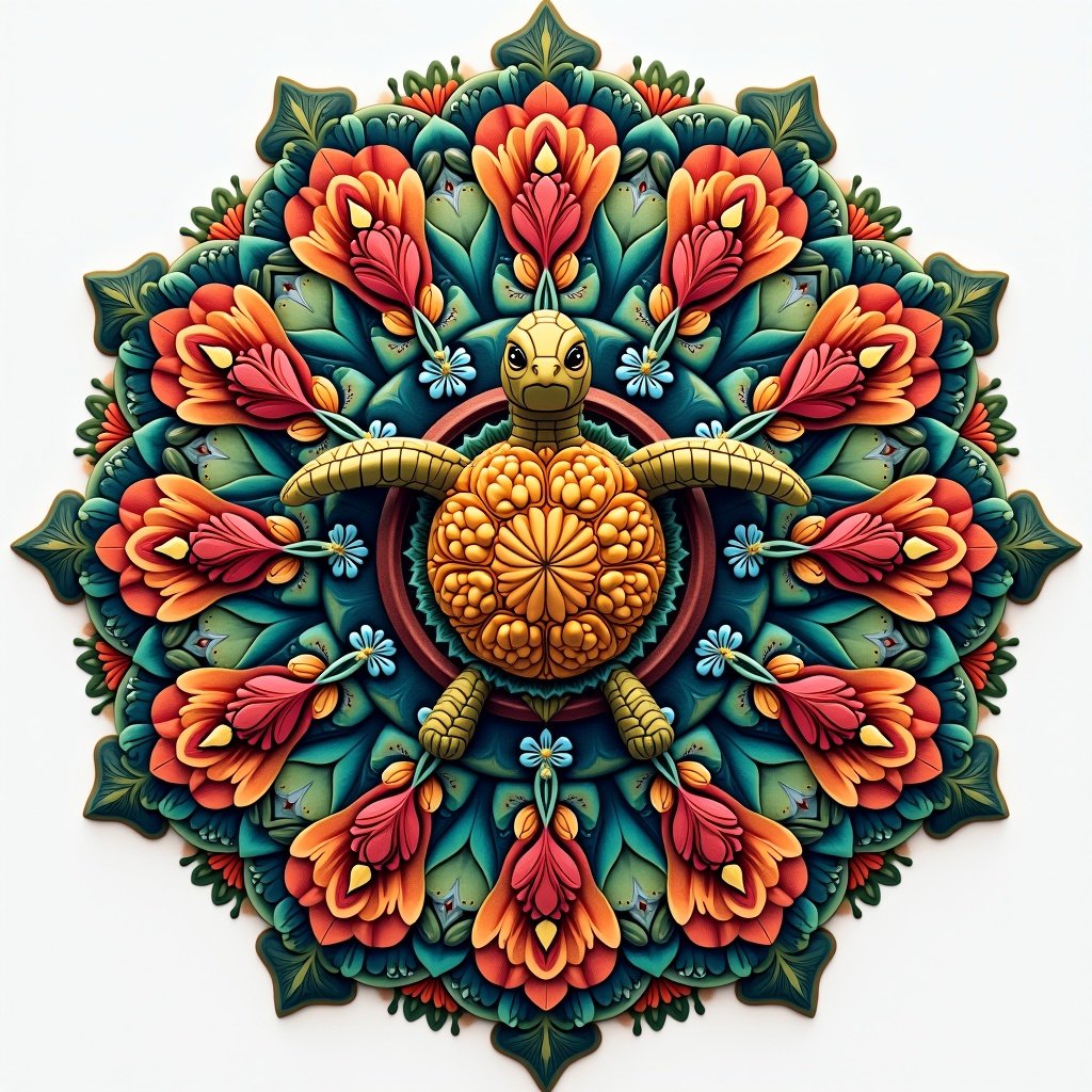 A vibrant flower mandala features a turtle at the center. Surrounding the turtle are intricately designed flowers and leaves. The word g-ma is included in the design.