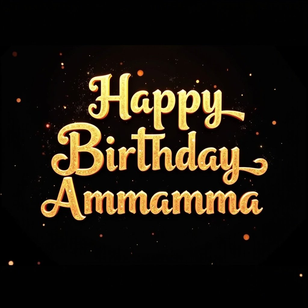 Richly embellished golden lettering for 'Happy Birthday Ammamma'. Intricate designs in the text. Set against a dark black background. Glowing particle effects surround the text.