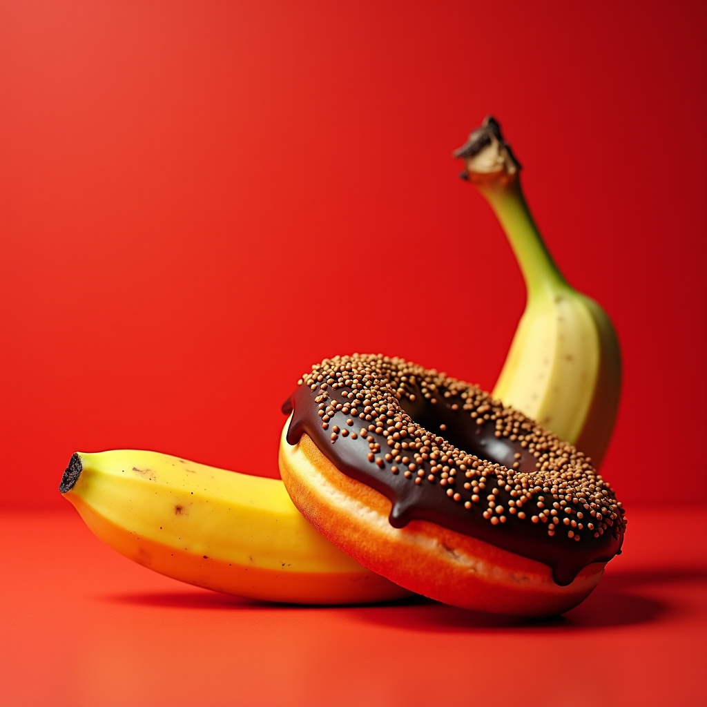 A chocolate-covered donut with sprinkles rests creatively balanced across two ripe bananas against a vibrant red background.