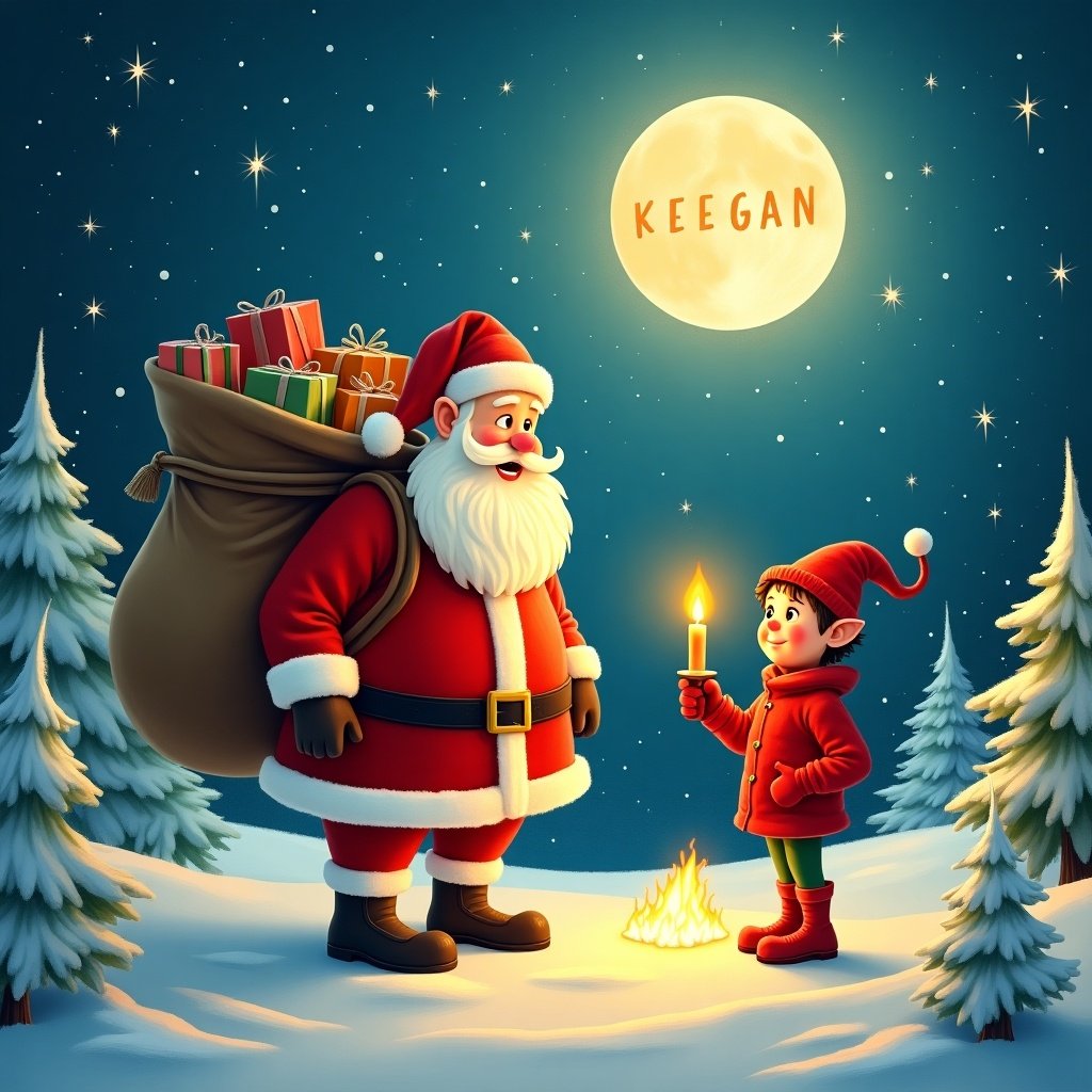 In a winter wonderland, Santa Claus interacts with a young elf named Keegan. They stand amid snow-covered trees and twinkling stars under a glowing full moon. Santa is in his classic red suit, holding a large bag filled with gifts. The elf, in a playful red outfit, is holding a glowing candle, casting a warm light on their faces. A nearby fire adds to the scene's coziness, creating a sense of wonder in this magical moment. The name 'KEEGAN' appears in the night sky, personalizing this enchanting encounter.