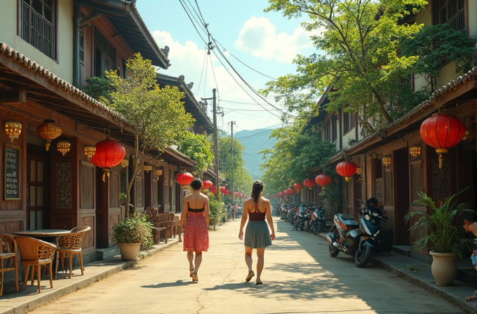 Two women walk down a charming street adorned with red lanterns, flanked by traditional wooden buildings and lush greenery.