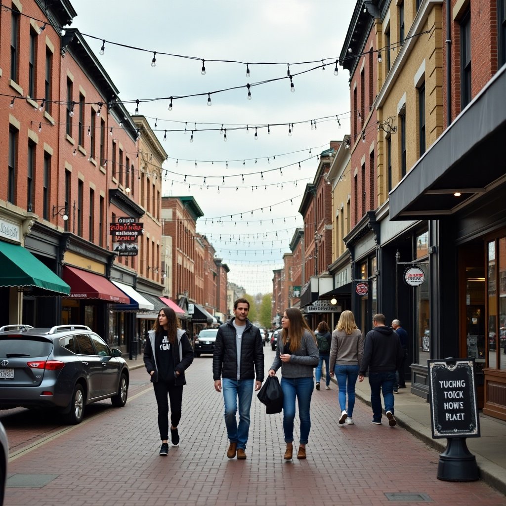 A lively street in Easton featuring shops and pedestrians. Shoppers walk on a brick sidewalk. String lights hang above the street creating an inviting atmosphere. Buildings with varying architectural styles line the street.