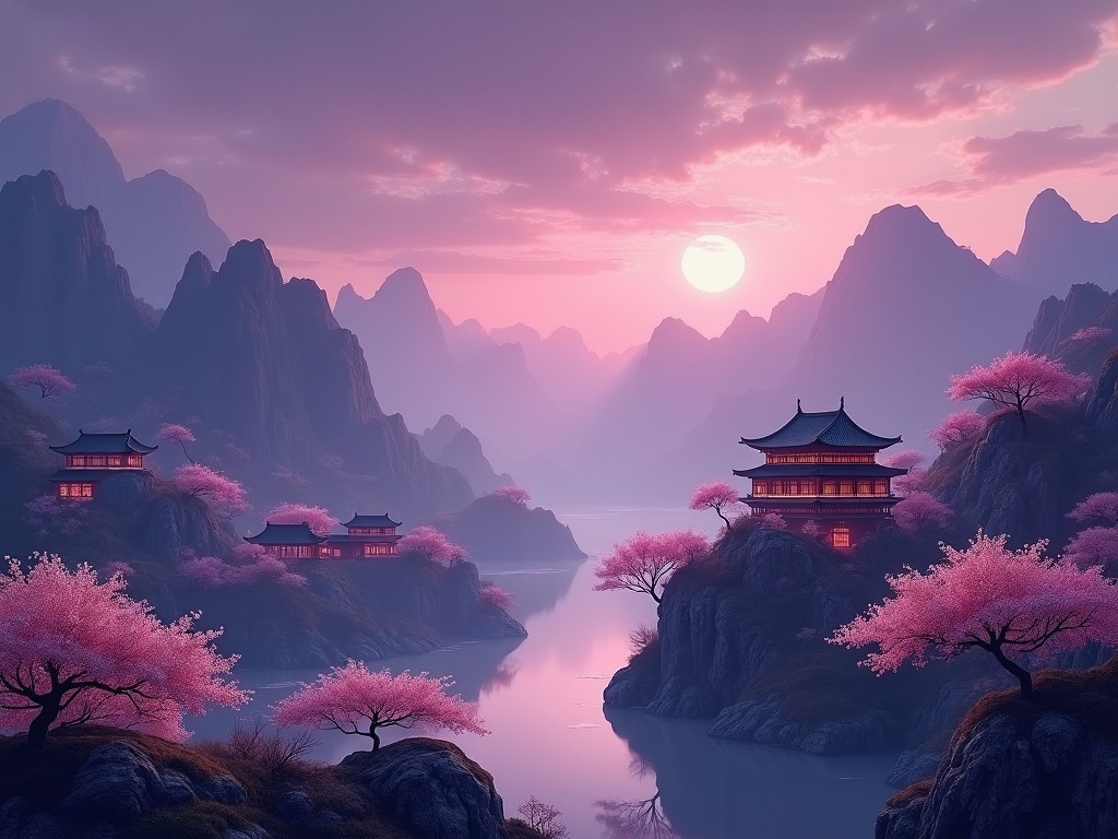 This image showcases a serene landscape with a blend of dark purple hues under a soft sunset. In the foreground, elegant pagoda-style buildings are nestled among cherry blossom trees, creating a calm and tranquil atmosphere. The mountains rise majestically in the background, shrouded in mist, enhancing the mystical quality of the scene. The lake reflects the soft light of the setting sun, adding to the overall harmony. This enchanting view captures the essence of traditional Chinese aesthetics, inviting viewers to experience the beauty of nature.